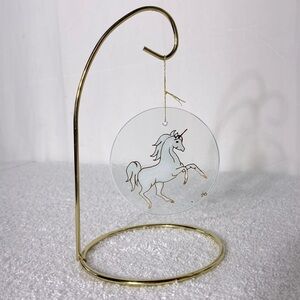 Vintage 1993 Hanging Unicorn Glass Sun Catcher Ornament with Gold Stand